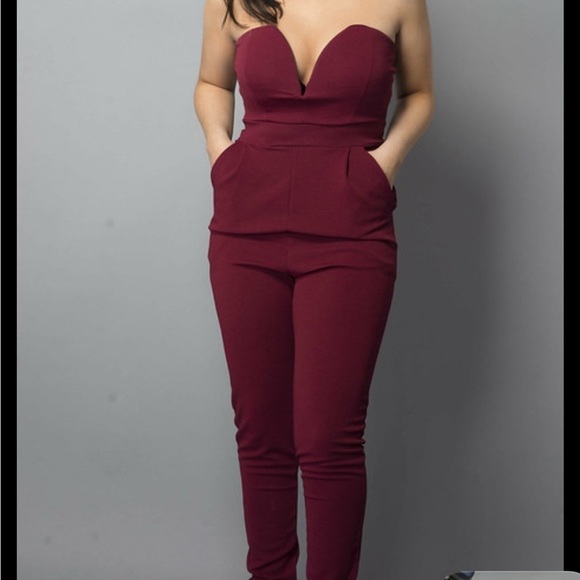 Pants - Pocket Stretchy Burgundy Jumpsuit